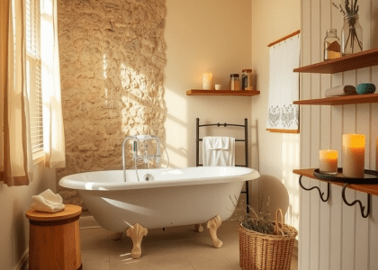 Cream Provence bathroom featuring a vintage clawfoot tub against a textured stone wall, soft cream walls, rustic wooden shelves with jars of dried herbs and candles, and lace-trimmed curtains allowing gentle light, creating a warm and inviting atmosphere.