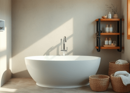 Minimalist bathroom in soft ash hues with earthy stone tiles, warm wooden accents, freestanding tub, natural greenery, handmade soaps, and soft glowing light from a window, featuring woven baskets and fluffy towels for a cozy retreat.