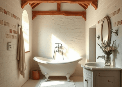 "Charming white Provence bathroom with aged stone walls, freestanding off-white tub, rustic wooden beams, vintage wooden vanity, porcelain sink with imperfections, and delicate lavender sprigs, creating a serene and inviting atmosphere."
