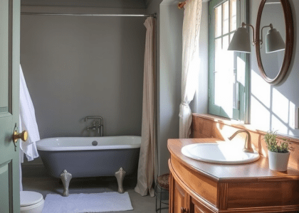 Gray Provence bathroom featuring soft gray walls, vintage clawfoot tub under natural light, rustic wooden vanity with porcelain sink, and potted herbs on the windowsill for a tranquil and charming atmosphere.