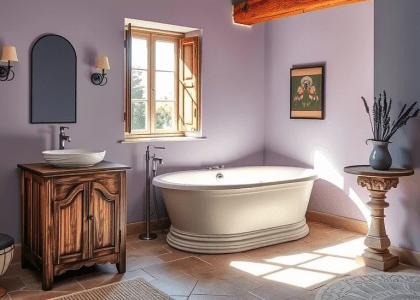 "Serene Provence bathroom with lavender hues, sunlight illuminating rough-hewn stone tiles, freestanding tub under rustic beam, weathered wooden vanity with porcelain basin, and vintage vase with sprigs of lavender, evoking French countryside charm."