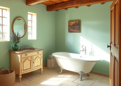 Provencal bathroom with mint green walls, rustic wooden beams, creamy stone tiles, vintage clawfoot tub, weathered vanity, and sprigs of lavender, creating a calming and cozy retreat.
