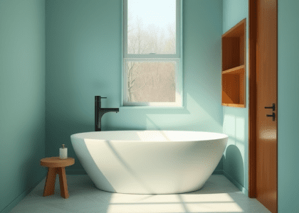 "Minimalist bathroom featuring a soothing turquoise palette, a freestanding tub against a textured wall, warm wooden accents, and natural light from a frosted window, creating a tranquil retreat with a cozy atmosphere."