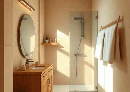 Frameless glass shower in a serene bathroom with textured beige tiles, natural light reflecting on the walls, rustic wooden vanity with neatly arranged toiletries, soft white towels on a woven rack, creating a cozy and tranquil atmosphere for relaxation.