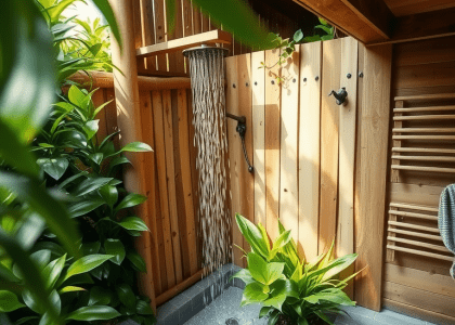 Outdoor eco-friendly bathroom surrounded by lush greenery, featuring reclaimed wood and river stones, a wooden privacy screen filtering sunlight, bamboo shower with cascading water, and fragrant plants creating a tranquil natural atmosphere.