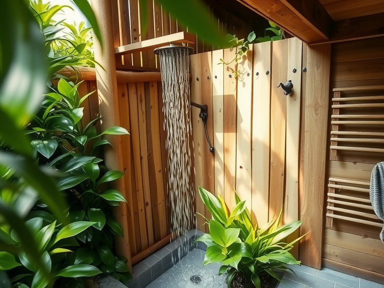 Outdoor eco-friendly bathroom surrounded by lush greenery, featuring reclaimed wood and river stones, a wooden privacy screen filtering sunlight, bamboo shower with cascading water, and fragrant plants creating a tranquil natural atmosphere.
