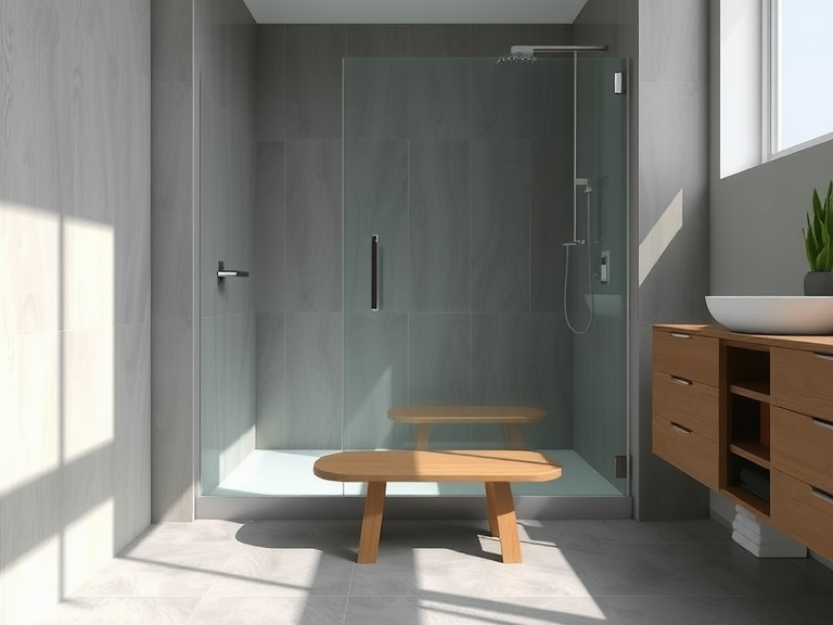 Frameless glass shower in a modern bathroom with gray accents, cool textured tiles on the floor, soft warm walls, and a wooden bench, creating a serene atmosphere with natural light and a tranquil setting.