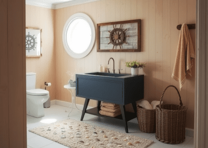 Nautical style bathroom with driftwood-colored walls, seashell-patterned rug, vintage ship's wheel art, deep blue washbasin, porthole window, brushed metal fixtures, and sea glass accents, creating a cozy coastal retreat.