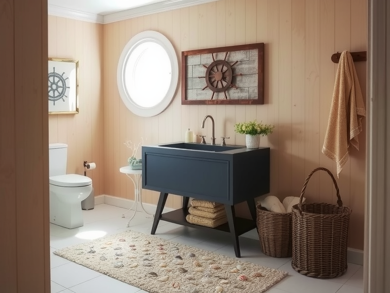 Nautical style bathroom with driftwood-colored walls, seashell-patterned rug, vintage ship's wheel art, deep blue washbasin, porthole window, brushed metal fixtures, and sea glass accents, creating a cozy coastal retreat.