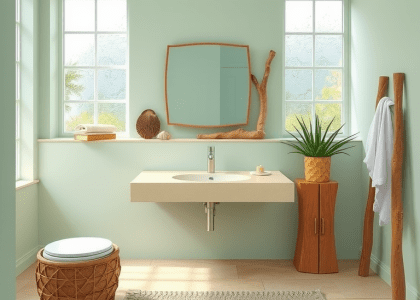 Ocean-style bathroom featuring seafoam green and sandy beige hues, driftwood accents framing a large mirror above a ceramic sink, smooth stone flooring, frosted glass windows, seashell decor, and potted succulents, creating a calm and refreshing coastal ambiance.