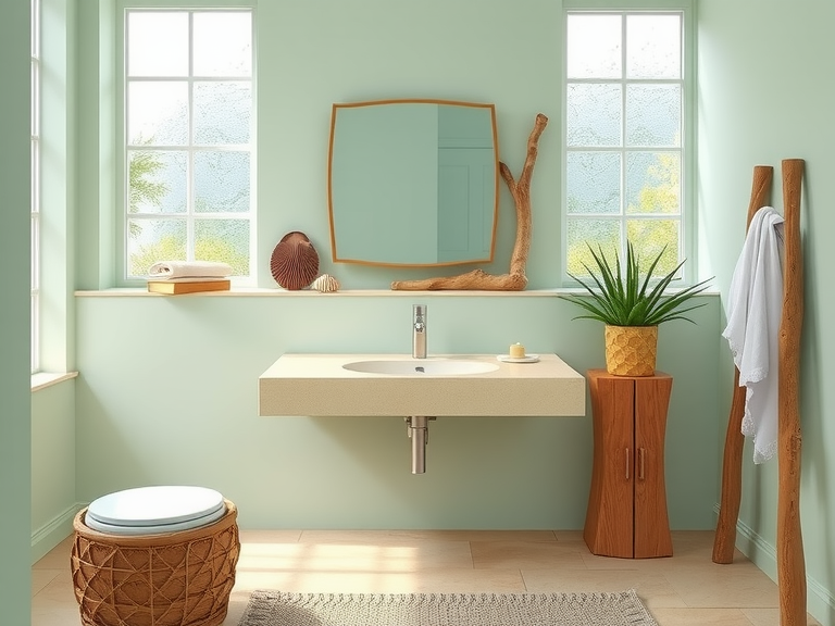Ocean-style bathroom featuring seafoam green and sandy beige hues, driftwood accents framing a large mirror above a ceramic sink, smooth stone flooring, frosted glass windows, seashell decor, and potted succulents, creating a calm and refreshing coastal ambiance.