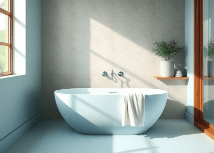 Minimalist bathroom in soothing cyan hue featuring a sleek freestanding tub against a textured stone wall, natural light streaming in, wooden accents, white linen drape, and a potted plant, creating a serene and inviting atmosphere.