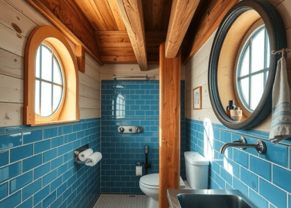 "Maritime bathroom with weathered wooden beams, nautical blue tiles, brushed metal sink, and porthole-style windows allowing sunlight to illuminate the space."