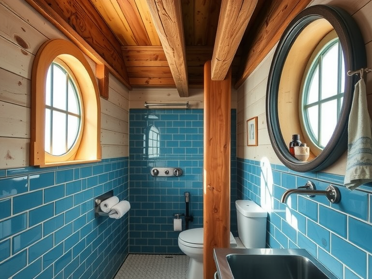 "Maritime bathroom with weathered wooden beams, nautical blue tiles, brushed metal sink, and porthole-style windows allowing sunlight to illuminate the space."