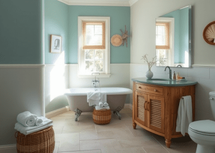 A beach-inspired bathroom with soft aqua walls, a weathered wooden vanity, a large frameless mirror, sandy-colored tile floor, a freestanding tub, seashell decor, an open window, and woven baskets holding rolled towels.