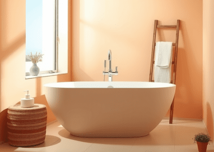 Minimalist peach bathroom with soft sunlight, freestanding tub on stone floor, wooden ladder holding fluffy towels, and a small potted plant, creating a cozy and serene atmosphere.