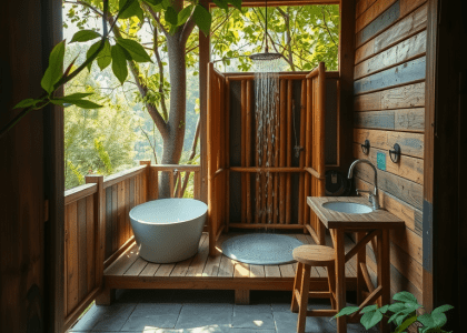 Outdoor rustic bathroom with wooden frame and stone floor, featuring bamboo shower, surrounded by ferns and wildflowers, with dappled sunlight and a wooden stool for a tranquil nature retreat.