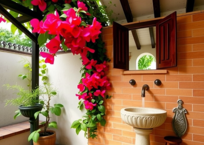 "Outdoor Mediterranean bathroom featuring terracotta tiles, vibrant bougainvillea, weathered wooden beams, a stone basin, handmade mirror, and ornate water spout, surrounded by lush greenery for a serene natural ambiance."