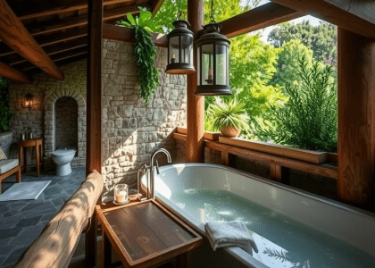 "Outdoor bathroom spa featuring natural stone walls, lush greenery, a sleek soaking tub on a wooden platform, vintage lanterns, and a rustic wooden sink, creating a tranquil atmosphere filled with eucalyptus and fresh earth scents."