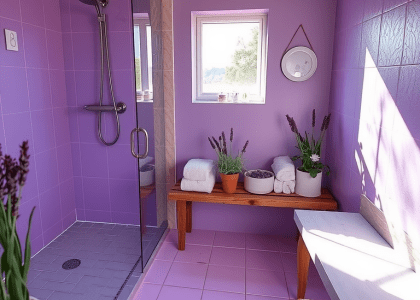 Cozy bathroom featuring a lavender glass shower with translucent panels, tiled floor illuminated by natural light from a frosted window, a wooden bench with fluffy towels, and potted lavender plants, creating a serene and relaxing atmosphere.