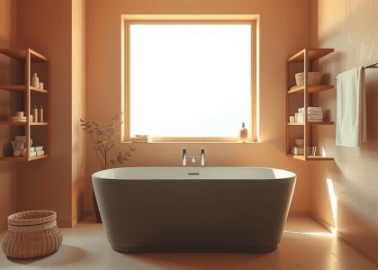Tranquil sand-hued minimalist bathroom with a freestanding matte tub, warm toned walls, frosted glass sunlight, wooden shelves with essentials, woven baskets, and stone accents for a cozy, relaxing atmosphere.