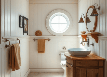"Maritime bathroom with white paneling, weathered wood accents, round porthole window, sandy beige tiles, nautical elements like rope handles and seashells, vintage washbasin on driftwood vanity, and serene seaside retreat ambiance."