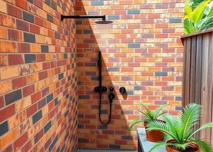 Alt text: "Outdoor shower designed as a brick wall featuring handprint tiles, showcasing a unique rock shower aesthetic, ideal for outdoor bathroom design and outdoor shower ideas."