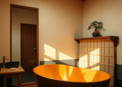 Serene Japanese bathroom with warm beige stone walls, natural light, deep wooden tub against bamboo screen, wooden shelf with natural soap and bonsai, evoking a tranquil retreat.