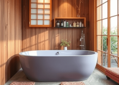 Cozy Japanese bathroom featuring a lavender soaking tub, smooth wooden paneling, shoji screen allowing natural light, textured stone tiles, aromatic cedar shelf with toiletries, and a tranquil bamboo plant, creating a serene atmosphere for relaxation.