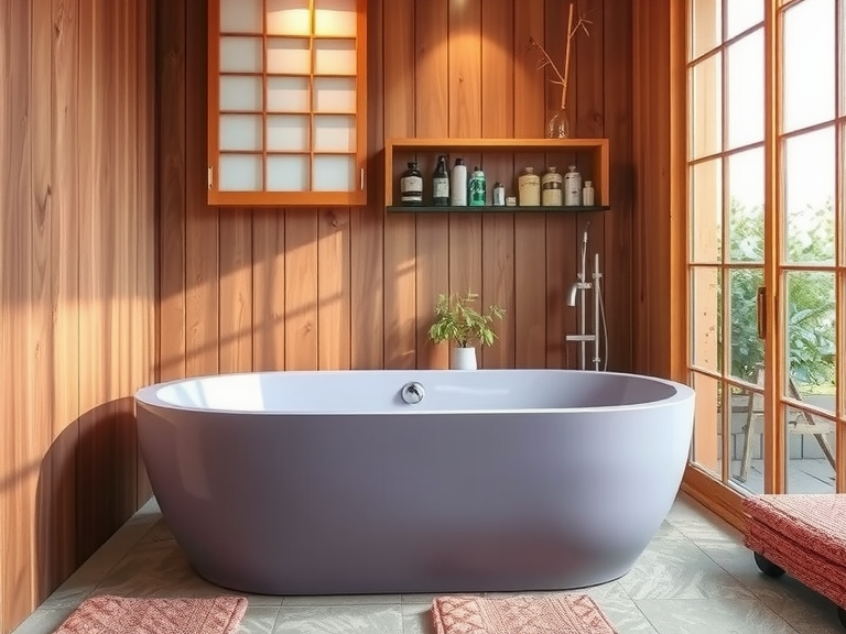 Cozy Japanese bathroom featuring a lavender soaking tub, smooth wooden paneling, shoji screen allowing natural light, textured stone tiles, aromatic cedar shelf with toiletries, and a tranquil bamboo plant, creating a serene atmosphere for relaxation.