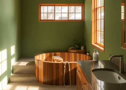 Japanese bathroom with green tones, bamboo accents, smooth stone surfaces, deep wooden tub, sunlight illuminating the space, wooden cabinetry, potted plant, and a soothing eucalyptus aroma.