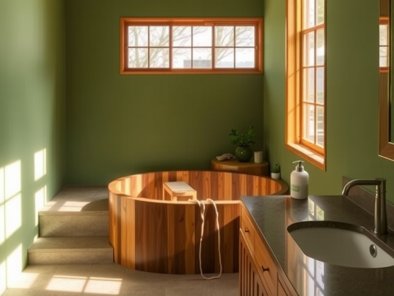 Japanese bathroom with green tones, bamboo accents, smooth stone surfaces, deep wooden tub, sunlight illuminating the space, wooden cabinetry, potted plant, and a soothing eucalyptus aroma.