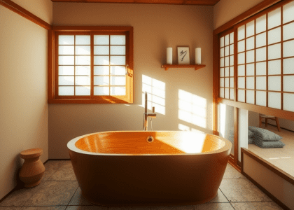 "Serene Japanese bathroom with warm beige wooden tub, textured stone tiles, natural wood accents, and shoji screens creating soft light and shadows, infused with the scent of hinoki cedar."