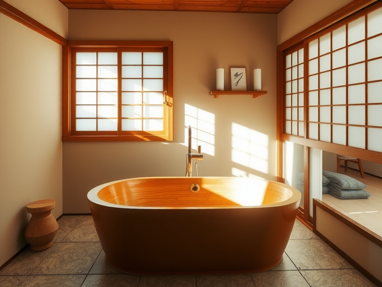 "Serene Japanese bathroom with warm beige wooden tub, textured stone tiles, natural wood accents, and shoji screens creating soft light and shadows, infused with the scent of hinoki cedar."
