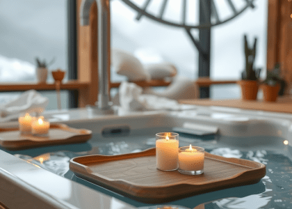 Indoor hot tub in a serene Japanese bath house setting, featuring two candles on a tray beside it and natural rocks in the background, exemplifying Zen bathroom design and traditional Japanese spa aesthetics.