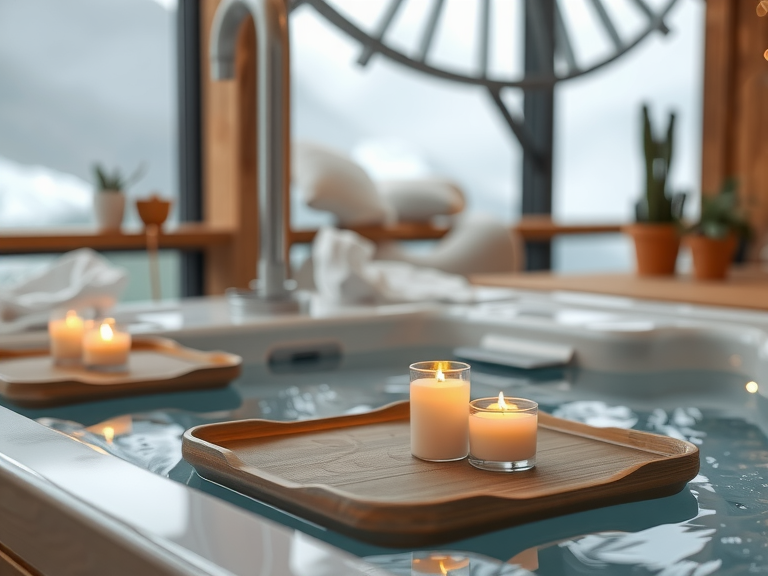 Indoor hot tub in a serene Japanese bath house setting, featuring two candles on a tray beside it and natural rocks in the background, exemplifying Zen bathroom design and traditional Japanese spa aesthetics.